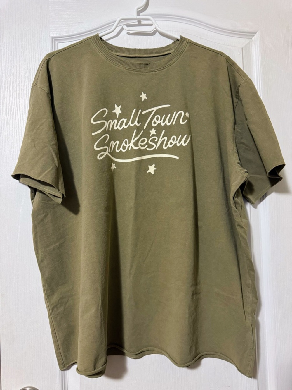 Torrid  Olive Graphic Raw Edged Crew Tee with White Script